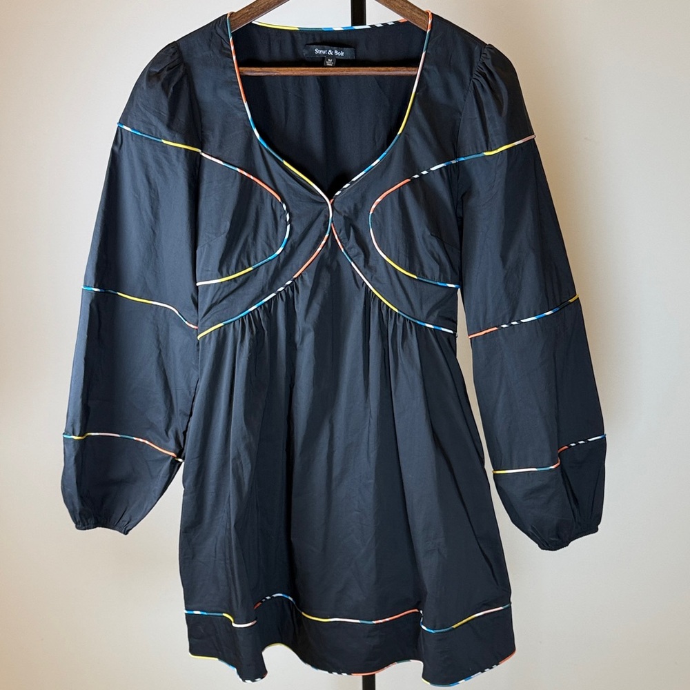 Strut & Bolt Alaina Black Poplin Mini Dress with Multi-Color Piping - Size M